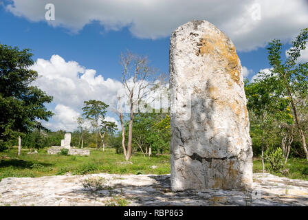 Mexico – Jan 16 2007: Stele standing or marker stone at sacbe 1 main route through the Mayan archaeological complex Dzibilchaltún, near Merida Stock Photo