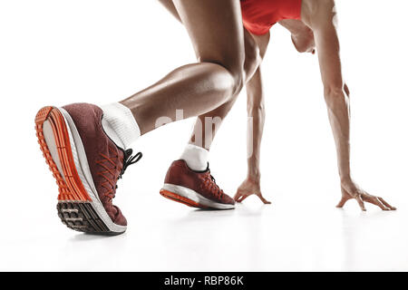 The one caucasian female silhouette of runner running and jumping on white studio background. The sprinter, jogger, exercise, workout, fitness, training, jogging concept. Back view Stock Photo