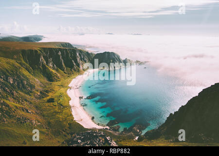 Sea beach landscape in Norway idyllic aerial view summer travel vacations nature scenery seaside and mountains Stock Photo