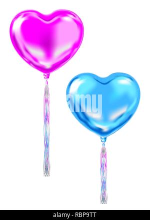 Magenta and Blue Foil Heart Shape Balloons, air symbols of love. Image for birthday celebration, social party and any holiday events. Isolated vector  Stock Vector