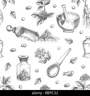 Seamless pattern hand drawn of ginseng roots, lives and flowers in black color isolated on white background. Retro vintage graphic design Botanical sketch drawing, engraving style Stock Vector