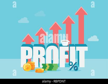 Vector design of work Profit with growing red arrows on blue background Stock Vector