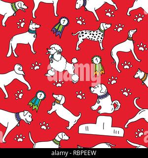 Seamless breeds dog pattern isolated on red background - design for wrapping paper Stock Vector