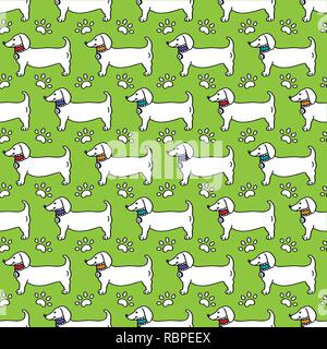 Seamless pattern - dog profile, paw trace isolated on green background in flat style. Breed dachshund.  Design for wrapping paper Stock Vector