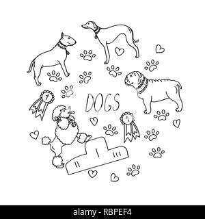Set of design elements - dog breeds (dachshund, laika, dalmatian, retriever, beagle, german shepherd), awards, heart, paw trace isolated on white back Stock Vector
