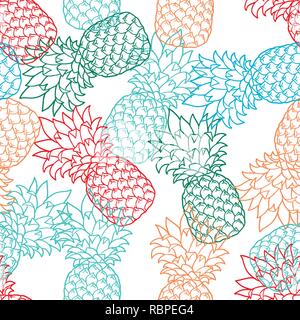 Seamless Pattern with Pineapples color, contour. Pineapple on white background Stock Vector