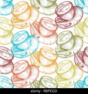 Hand Drawn food seamless pattern, Cup (mug) of hot drink (coffee, tea etc). Coffee cup, tea cup Stock Vector