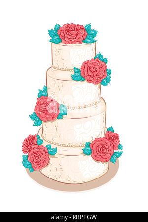 White layered wedding cake with flowers (roses)  isolated on white background Stock Vector