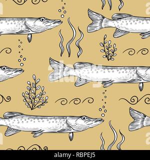 Pike. Seamless pattern of pike. Hand drawn sketch illustration Stock Vector