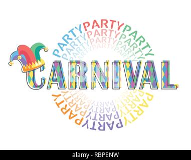 Carnival Party. Greeting card with colorful festive inscriptions and jesters hat. Flat design. Vector illustration. Stock Vector