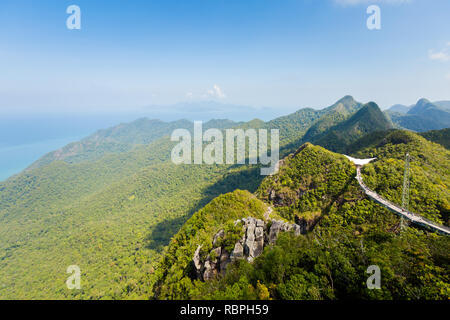 Landscape taken on the top during skycab ride on tropical Langkawi island in Malaysia. Beautiful nature of south east asia. Stock Photo