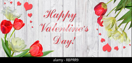 Beautiful spring frame with bouquets of red and yellow-white tulips and hearts on a white wooden background with text Happy Valentine's day - festive 