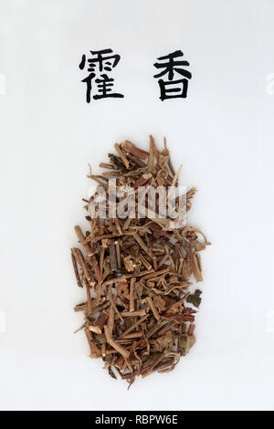 Korean mint herb used in traditional chinese herbal medicine with calligraphy script. Translation reads as Korean mint. Stock Photo