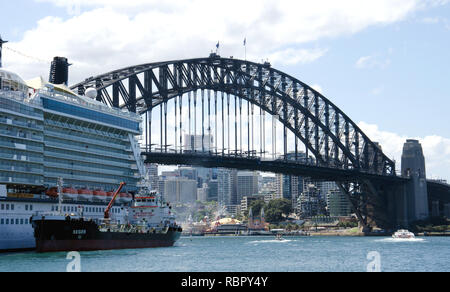 In Sydney harbour a giant multideck cruise ship partially obscures the harbour's famous bridge Stock Photo
