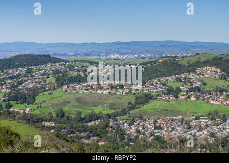 View towards residential neighborhoods in Richmond from Wildcat Canyon Regional Park, East San Francisco bay, Contra Costa county, California Stock Photo