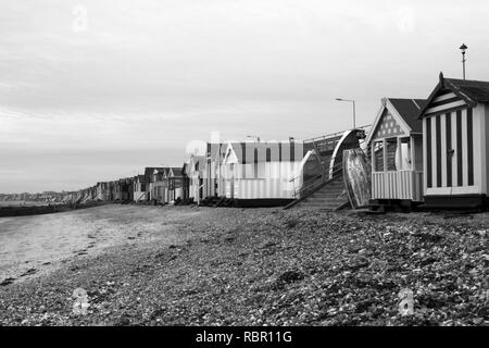 Black and white image of the beach huts at Stock Photo