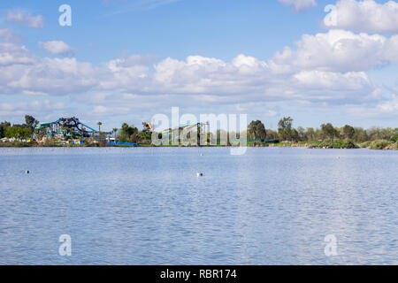 Water slide on the shoreline of a pond, Cunningham Lake, San Jose, south San Francisco bay, California Stock Photo