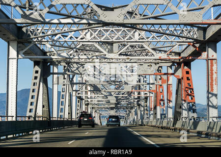 Driving on Richmond - San Rafael bridge (John F. McCarthy Memorial Bridge) on a sunny day, San Francisco bay, California Stock Photo