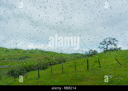 Drops of rain on the window; blurred green meadows in the background; shallow depth of field Stock Photo