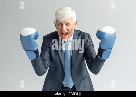 Senior business man wearing boxing gloves studio standing isolated on gray wall showing fists looking camera shouting angry Stock Photo