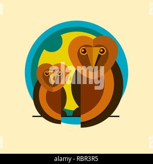 Two Owls Logo Sitting On A Branch Of The Flat Icon . Vector Stock Vector