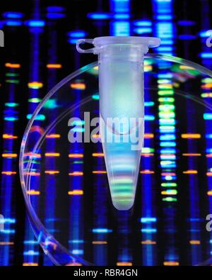 Genetic Research. A eppendorf tube containing a DNA (deoxyribonucleic acid) sample with the DNA profile in the background. Stock Photo