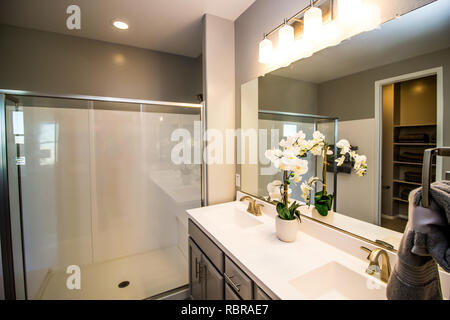 Modern Bathroom With Walk In Shower And Dual Vanity Stock Photo