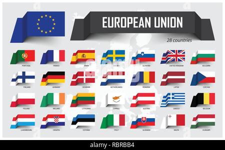European Union . EU and membership . Association of 28 countries . Floating paper flag design on Europe map background . Vector . Stock Vector