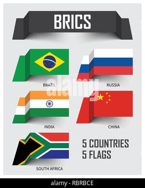 BRICS . Association of 5 contries . Brazil Russia India China South africa . Floating paper flags design . Vector . Stock Vector