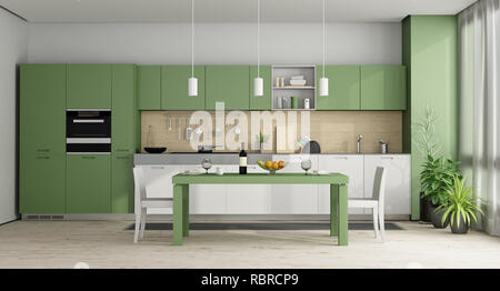 Green and white modern kitchen with dining table - 3d rendering Stock Photo