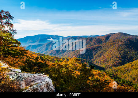 Appalachian Overlook with Colorful Leaves Accenting Boulder Outcropping Stock Photo