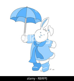 Illustration of a white rabbit/bunny wearing blue clothing and boots, holding an umbrella against a white background Stock Photo