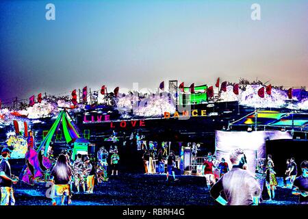 Distressed picture of a festival; people enjoying music festival, Live, Love and Dance Stock Photo