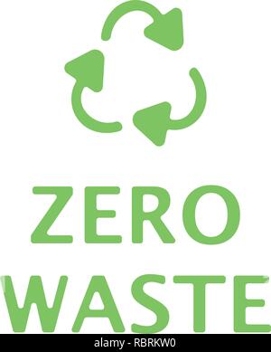 Zero waste text with green recycling sign isolated on white background. Zero landfill concept illustration flat style Stock Vector