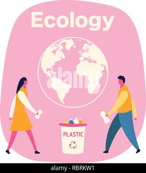 People sorting garbage trying to reach zero waste. Technology of ecological waste free journey focusing on landfill trash. Renewable resource concept Stock Vector