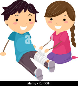 Illustration of Stickman Kids Learning and Applying Bandage Over Leg Injury Stock Photo