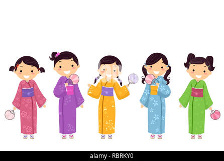 Illustration of Stickman Kids Girls Wearing Kimono and Holding Fans Stock Photo