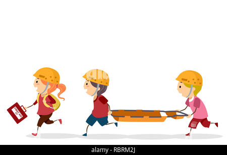 Illustration of Stickman Kids Wearing Yellow Helmet and Carrying First Aid Kit and Litter Stock Photo