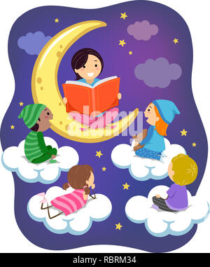 Illustration of Stickman Teacher and Kids Wearing Pajamas Reading a Book on Clouds and the Moon Stock Photo