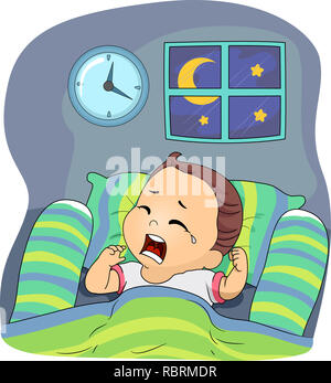 Illustration of a Kid Boy Toddler Crying After Waking Up at Night in Bed Stock Photo