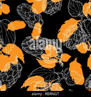 Hand drawn Hops Seamless pattern. Common hop or Humulus lupulus branch with leaves and cones. Vector Illustration. Stock Vector