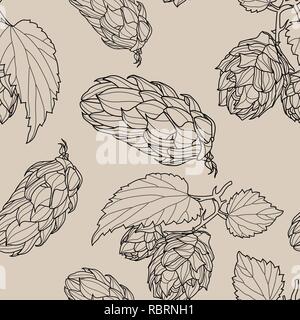 Hand drawn Hops Seamless pattern. Common hop or Humulus lupulus branch with leaves and cones. Vector Illustration. Stock Vector