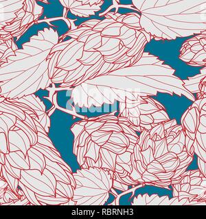 Hand drawn Hops Seamless pattern. Common hop or Humulus lupulus branch with leaves and cones. Vector Illustration. Stock Vector