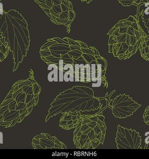 Hand drawn Hops Seamless pattern. Common hop or Humulus lupulus branch with leaves and cones. Vector Illustration. Stock Vector