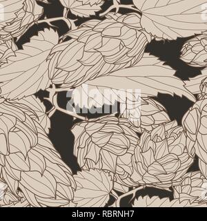 Hand drawn Hops Seamless pattern. Common hop or Humulus lupulus branch with leaves and cones. Vector Illustration. Stock Vector