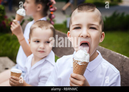 emotional brothers eating ice cream Stock Photo