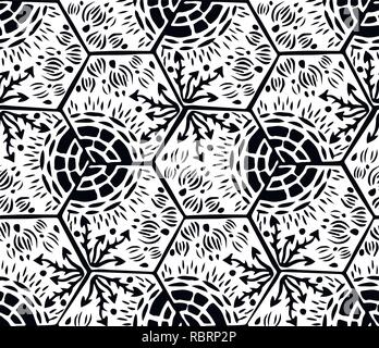 Underwater world. Hexagonal tiles. Seamless pattern. White and black light colors Stock Vector