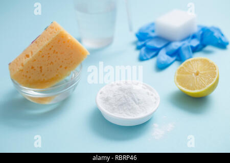 Eco friendly natural cleaners products. Vinegar, soda and lemon. Bicarbonate. Stock Photo