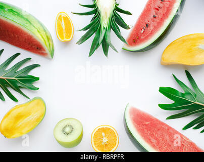 Set of fruit on white background.Top view.Summer,healthy and food concept ideas. flat lay design Stock Photo