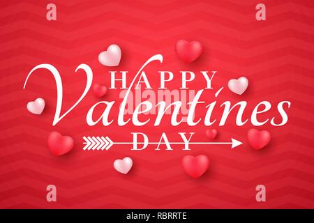 Valentine's Day banner for web. Romantic 3D hearts on a red background. Beautiful calligraphy and lettering. Romantic composition. Vector illustration Stock Vector